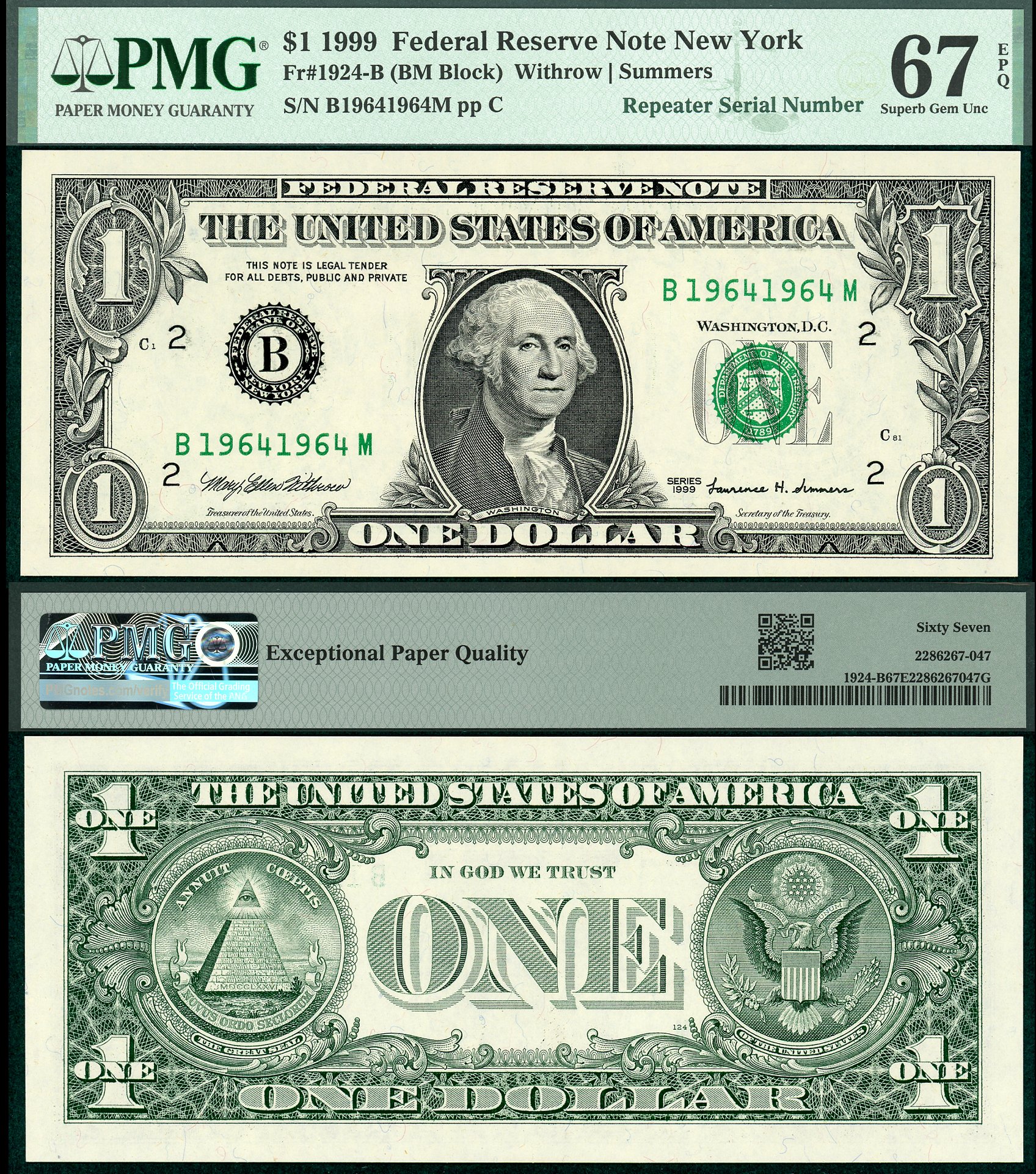 1999 $1 Federal Reserve Note FR-1924B PMG Gem 67EPQ Fancy Birthyear Repeater S/N B19641964M