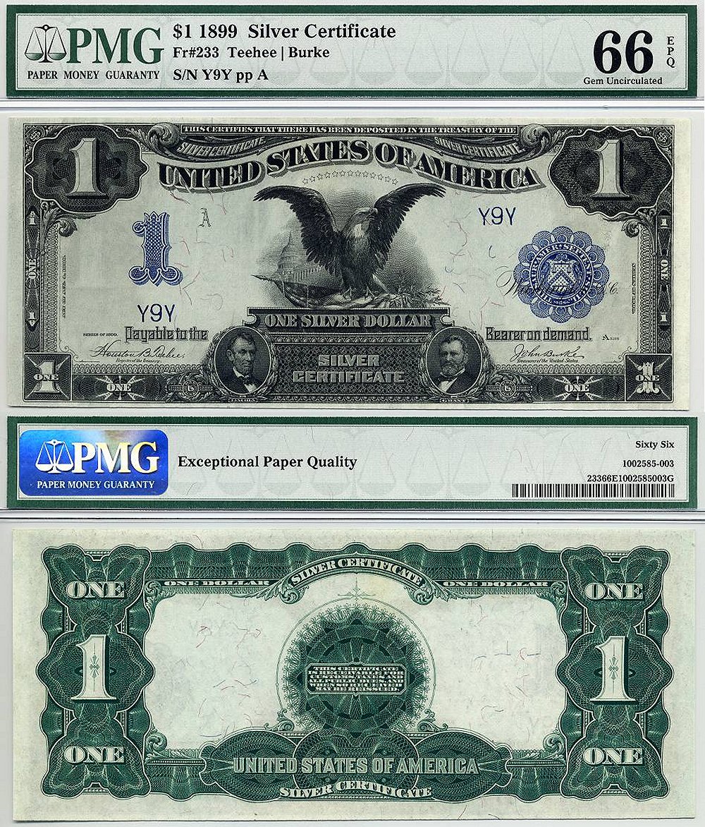 1899 $1 Silver Certificate Black Eagle PMG Graded Gem66EPQ S/N Y9Y FR-233