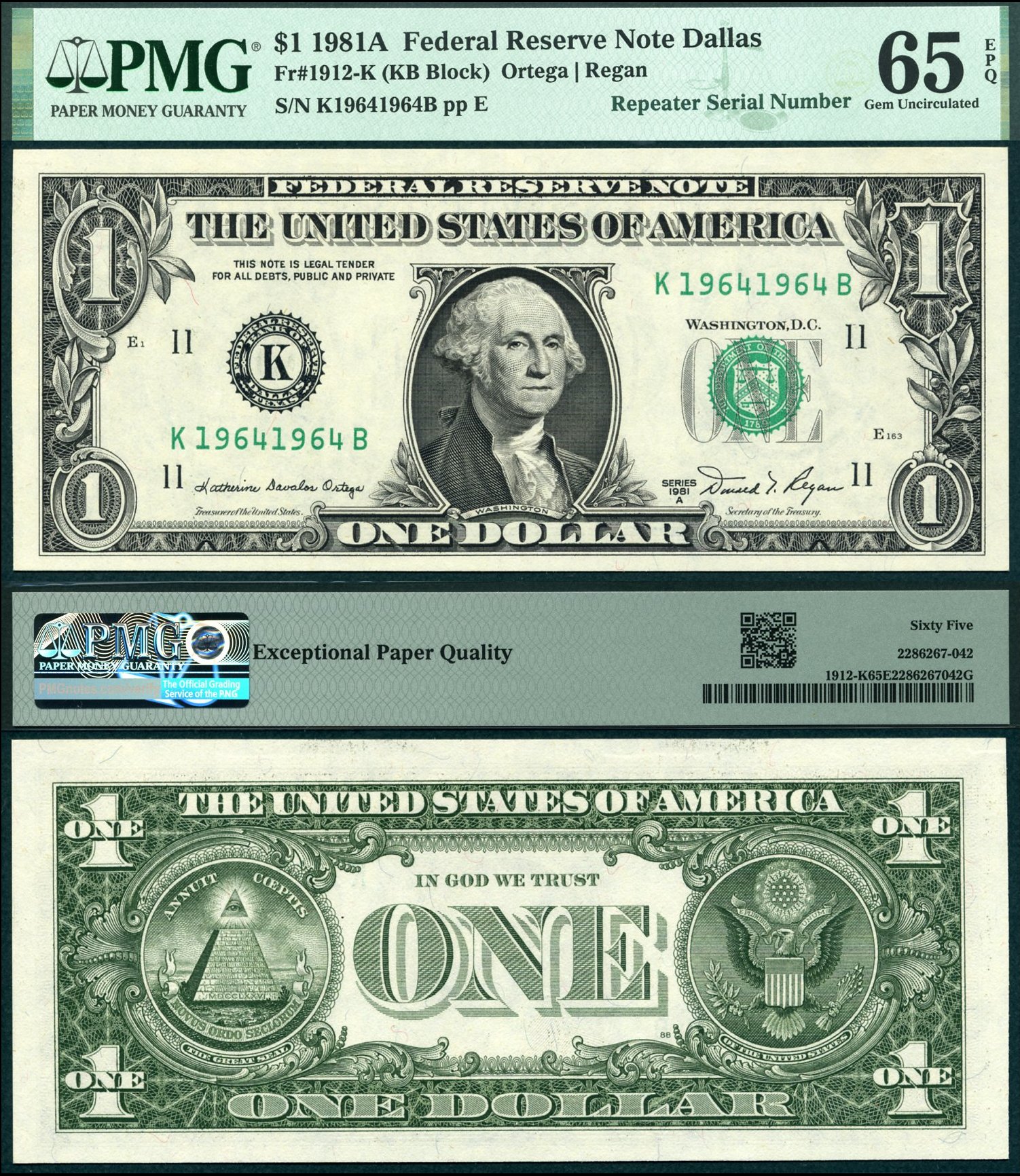 1981A $1 Federal Reserve Note FR-1912 PMG Gem 65EPQ Fancy Birthyear Repeater S/N K19641964B