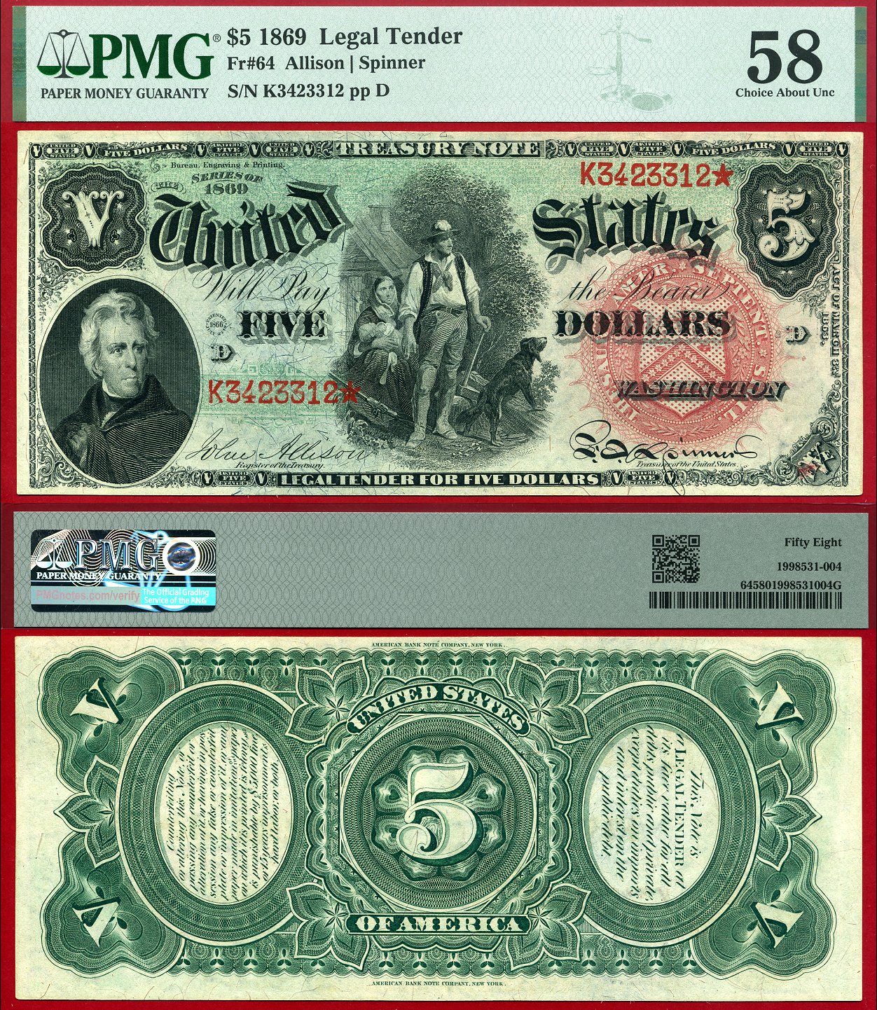 1869 $5 Legal Tender Rainbow Woodchopper Note FR-64 PMG Graded Choice About Uncirculated 58 S/N K3423312*