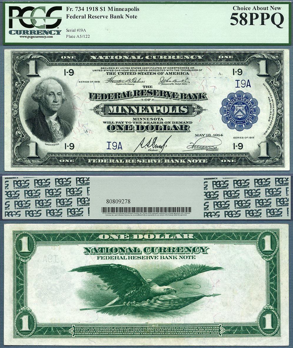 1918 $1 Federal Reserve Bank Note PCGS Graded choice About New 58PPQ S/N I9A