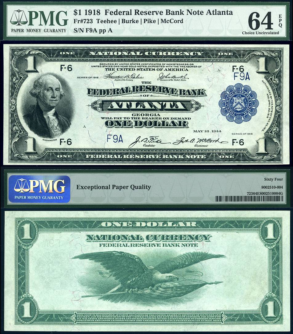 1918 $1 Federal Reserve Bank Note PMG Graded Choice Uncirculated 64EPQ S/N F9A   The Census shows 164 known FR-723's as of 3/2009, This is the 8th lowest serial number.  USRareCurrency.com Collection