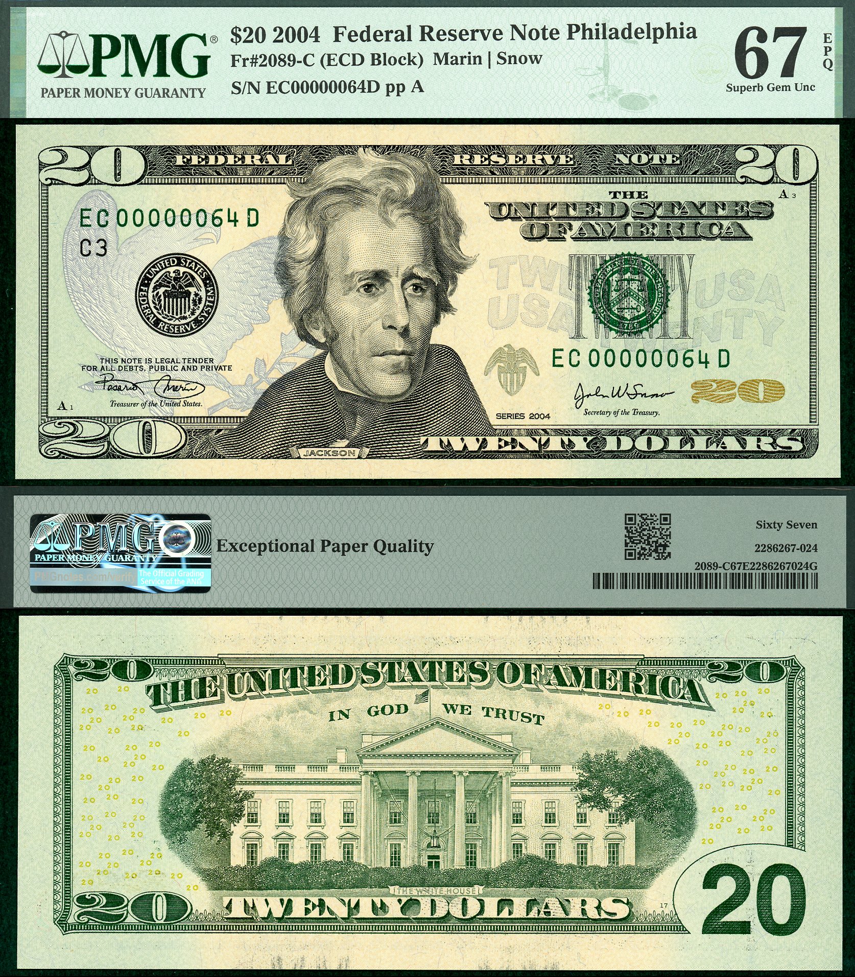 2004 $20 Federal Reserve Note FR2089 PMG Gem 67EPQFancy Low Two Digit S/N EC00000064D