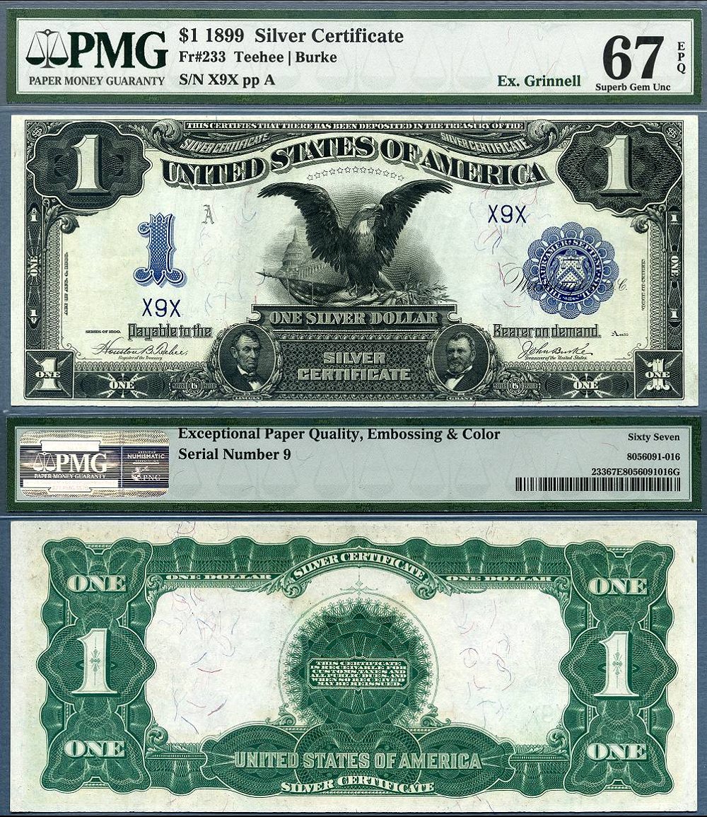 1899 $1 Silver Certificate Black Eagle PMG Graded Gem 67EPQ S/N X9X