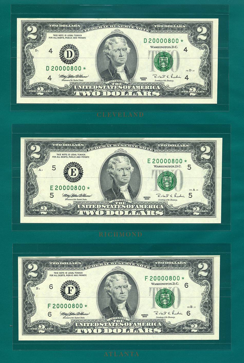 1995 $2 Millennium Premium Federal Reserve Set S/N 20000800*