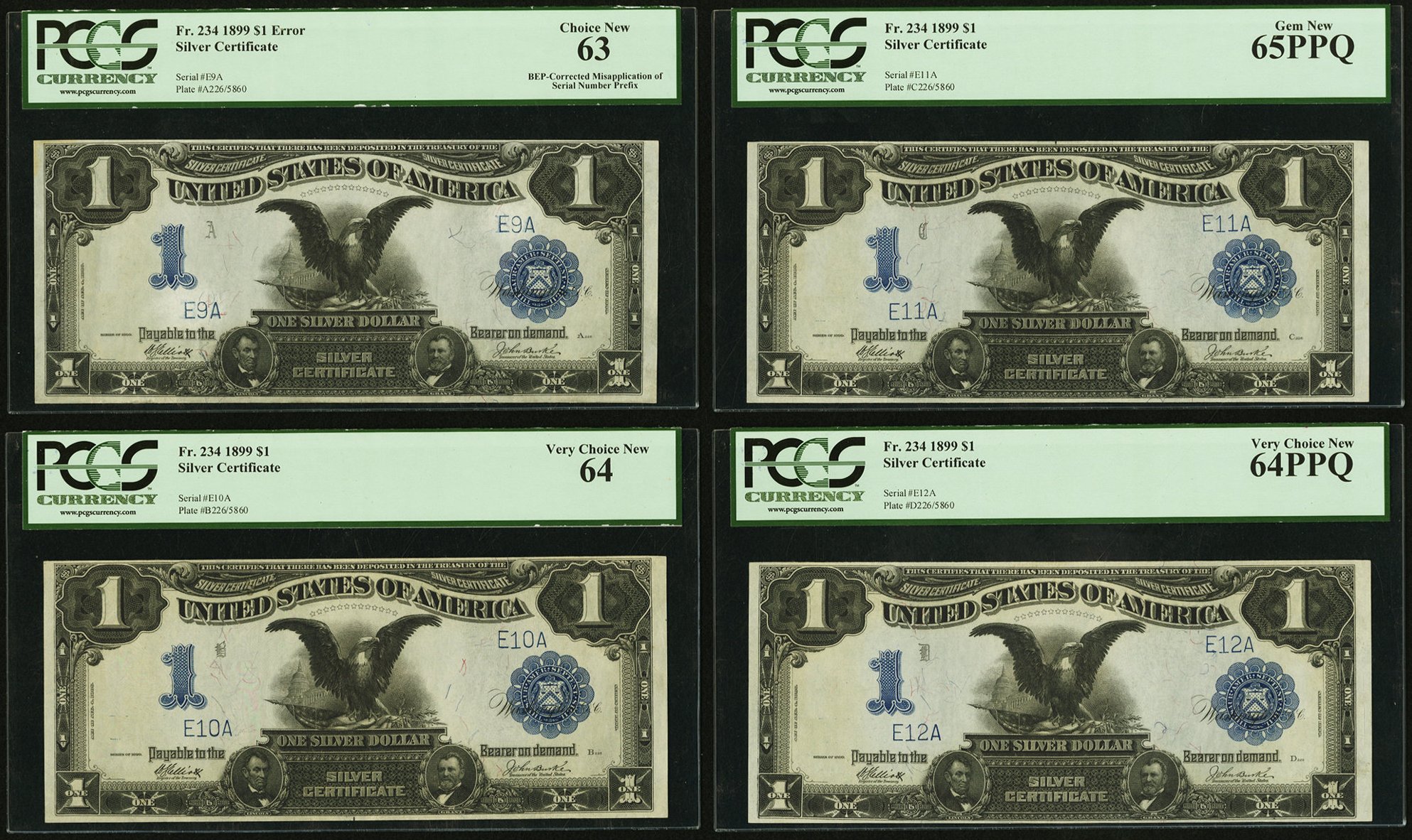 1899 $1 Silver Certificates "Black Eagle" Cut Sheet S/N E9A thru E12A