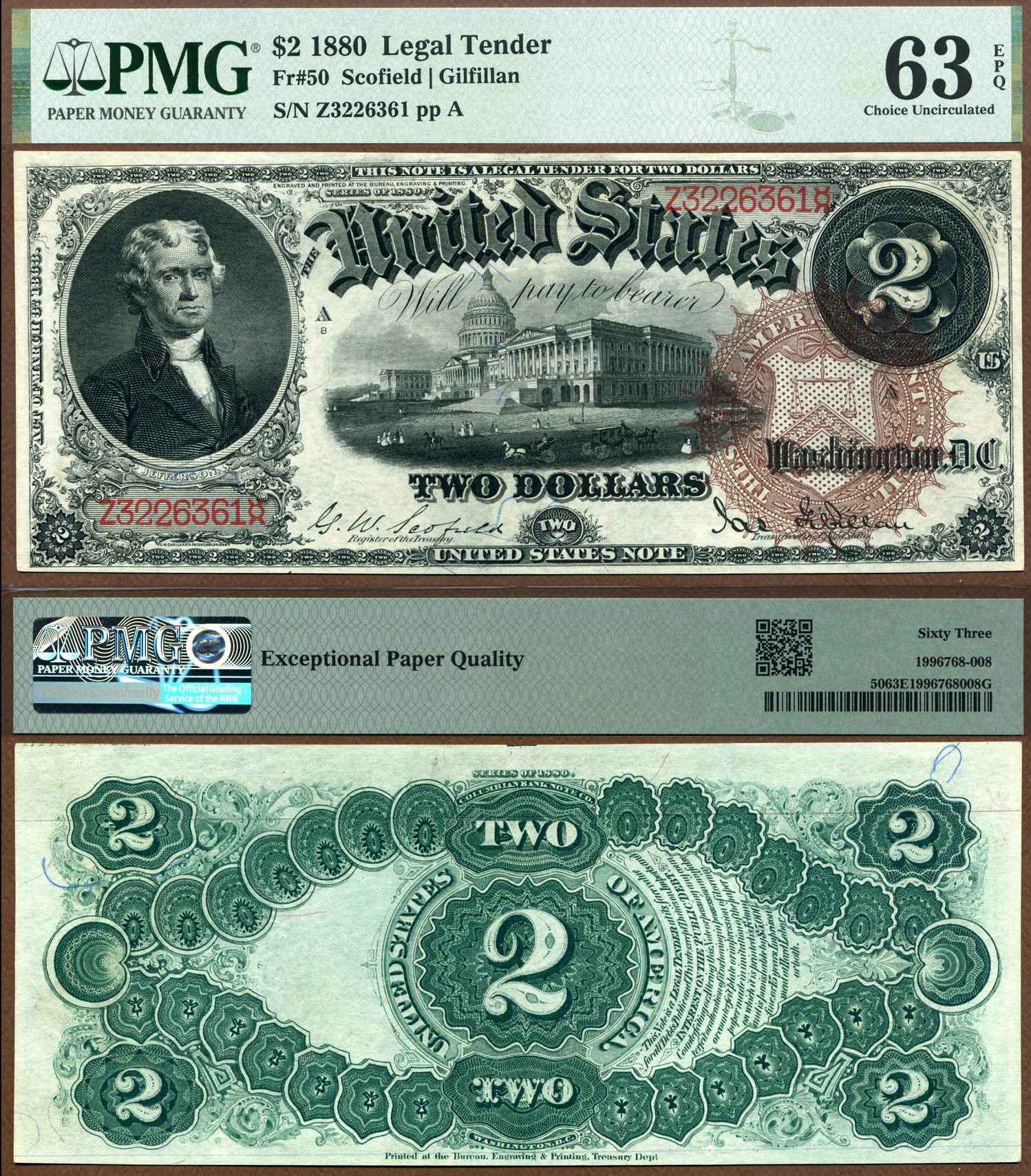 1880 $2 Legal Tender Note FR-50 PMG Graded Choice Uncirculated 63EPQ S/N Z3226361