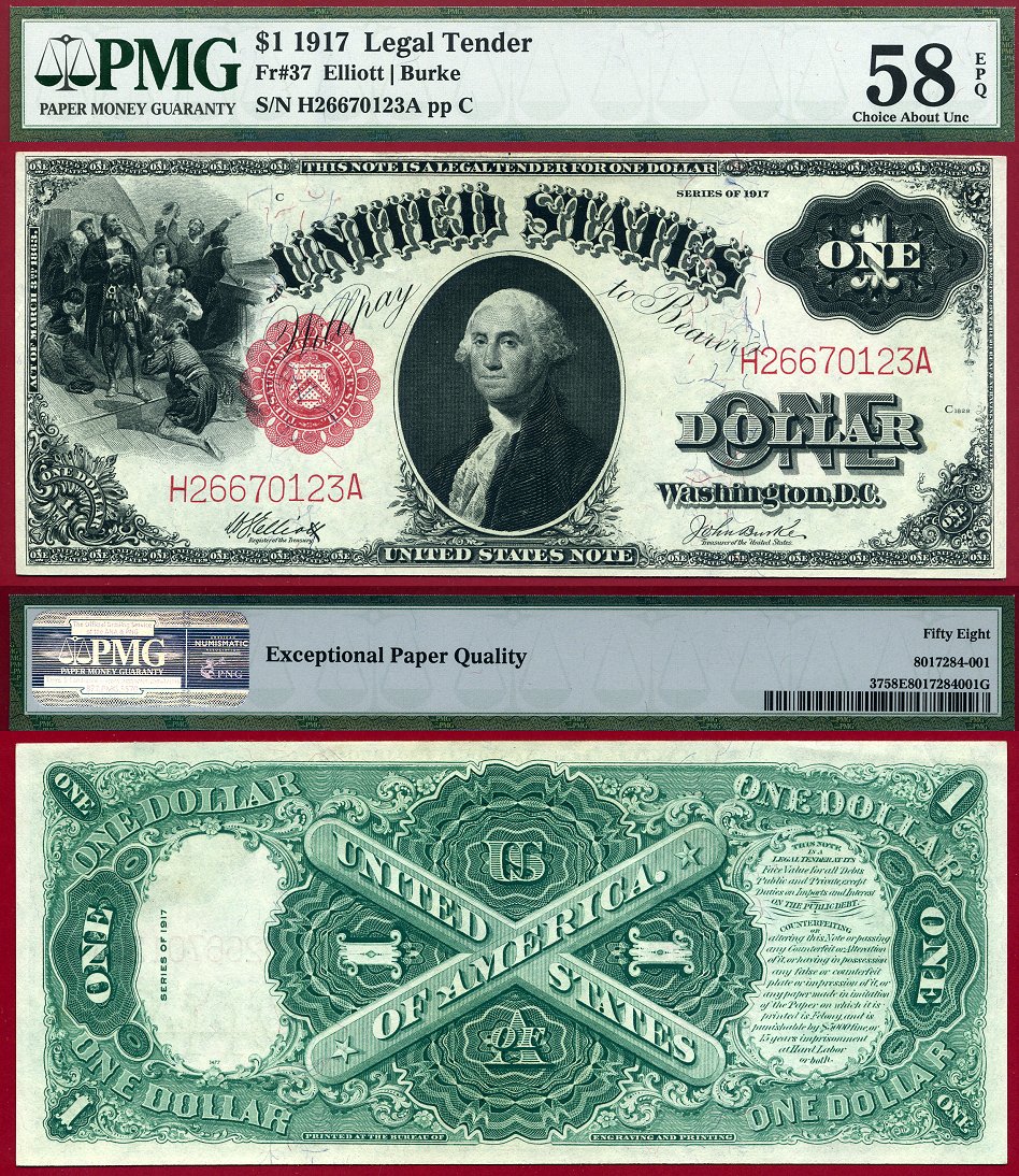 1917 $1 Legal Tender Note FR-37 PMG Graded Choice About Uncirculated 58EPQ S/N H26670123A