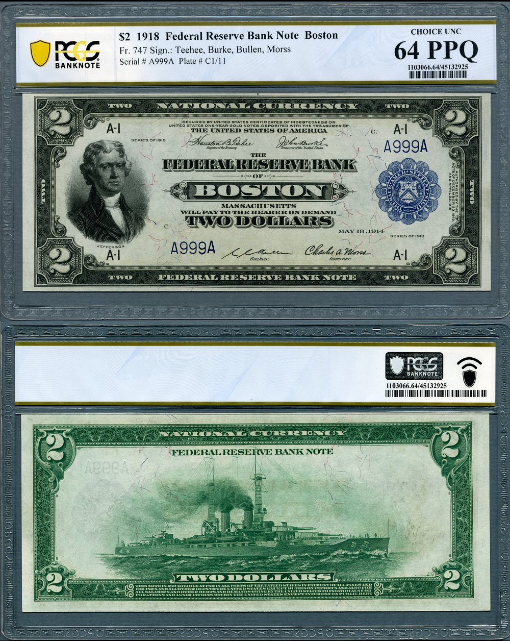 1918 $2 Federal Reserve Bank Note AKA The Battleship FR-747 PCGS B CU65PPQ S/N A999A