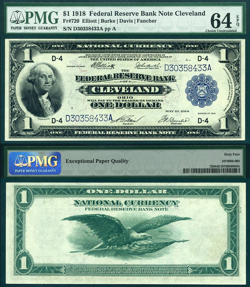 1918 $1 Federal Reserve Bank Note FR-720 "Cleveland Ohio" PMG Graded CU64EPQ S/N D30358433A