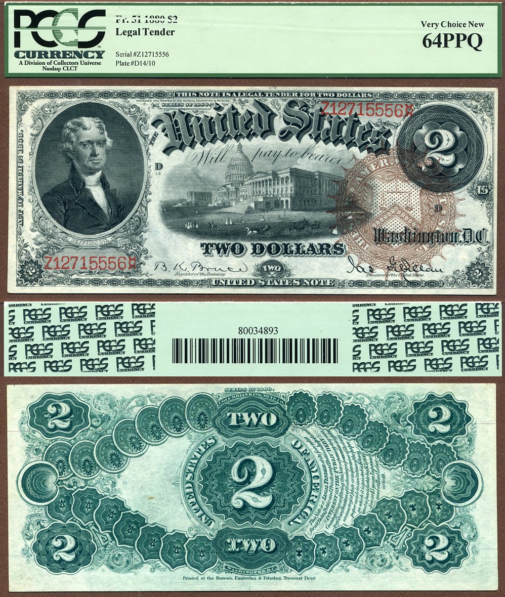 1880 $2 Legal Tender Note FR-51 PCGS Graded CU64PPQ S/N Z12715556