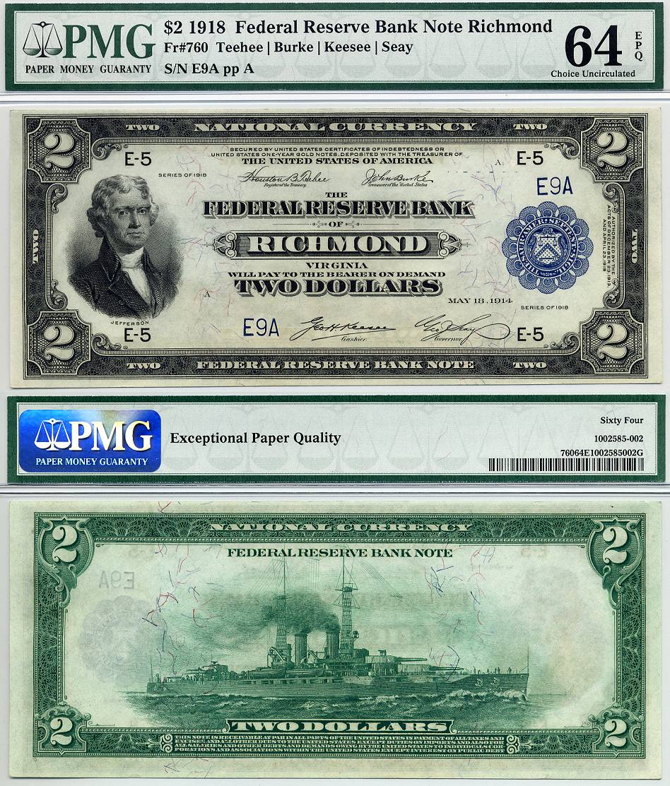 1918 $2 Federal Reserve Bank Note The Battleship Note PMG Graded CU64EPQ S/N E9A