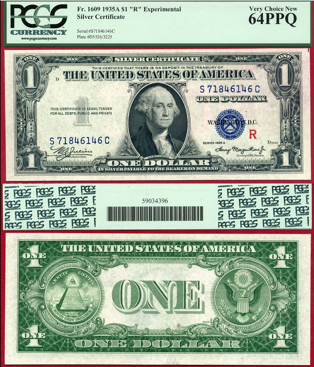 1935A $1 Experimental (R) Silver Certificate FR-1609 PCGS Graded Very Choice New 64PPQ S/N S 71846146 C