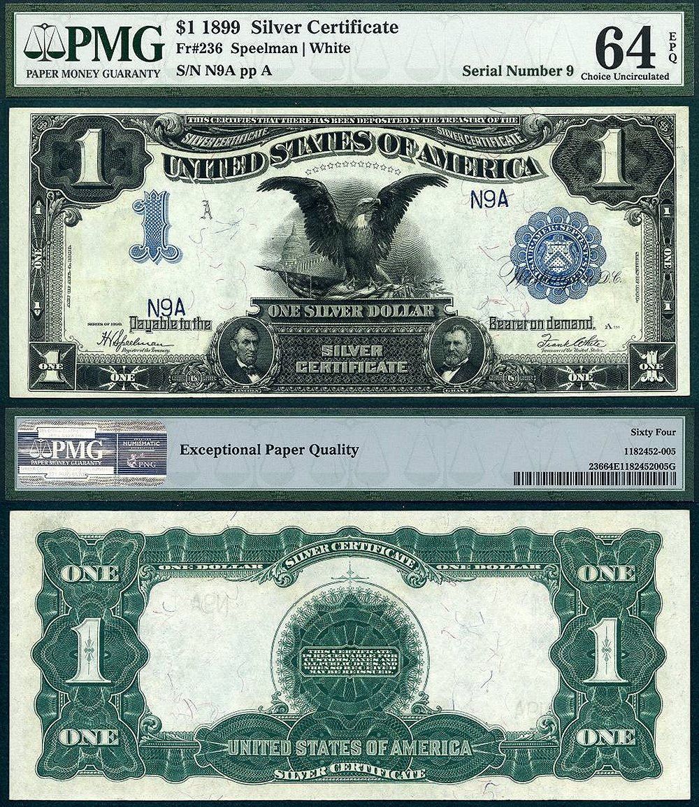 1899 $1 Silver Certificate "Black Eagle" PMG Graded CU64EPQ S/N N9A
