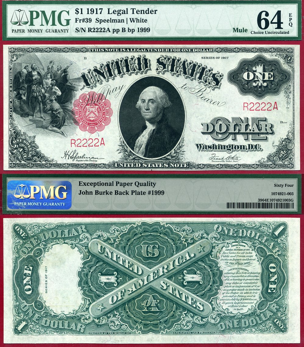 1917 $1 Legal Tender Note FR-39 PMG CU 64EPQ Fancy Solid S/N R2222A