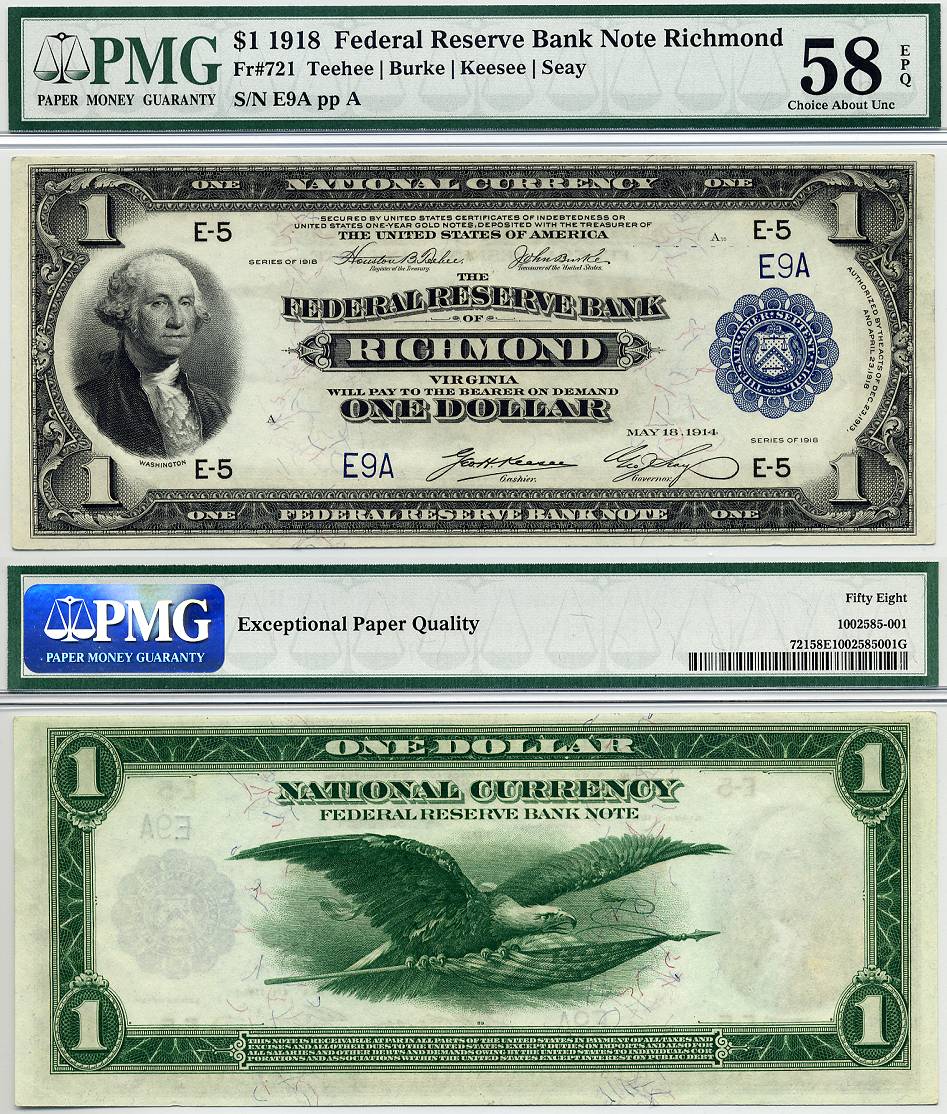 1918 $1 Federal Reserve Bank Note "Richmond" PMG Graded Choice About Unc 58EPQ S/N E9A