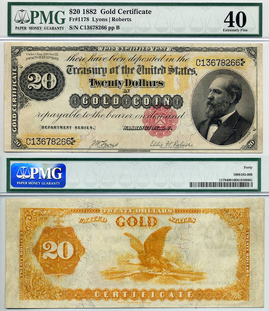 1882 $20 Gold Certificate FR-1178 PMG Graded EF40 S/N C13678266