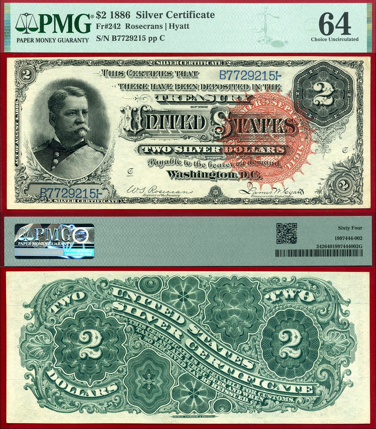 1886 $2 Silver Certificate FR-242 PMG Graded Choice Uncirculated 64 S/N B7729215