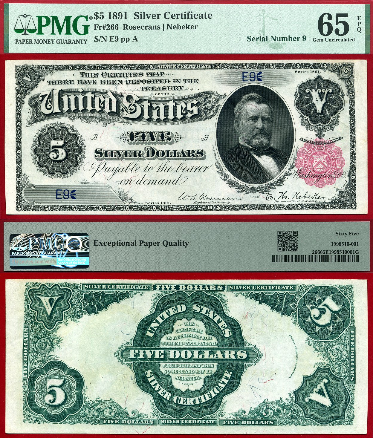 1891 $5 Silver Certificate FR-266 PMG Gem 65EPQ S/N E9