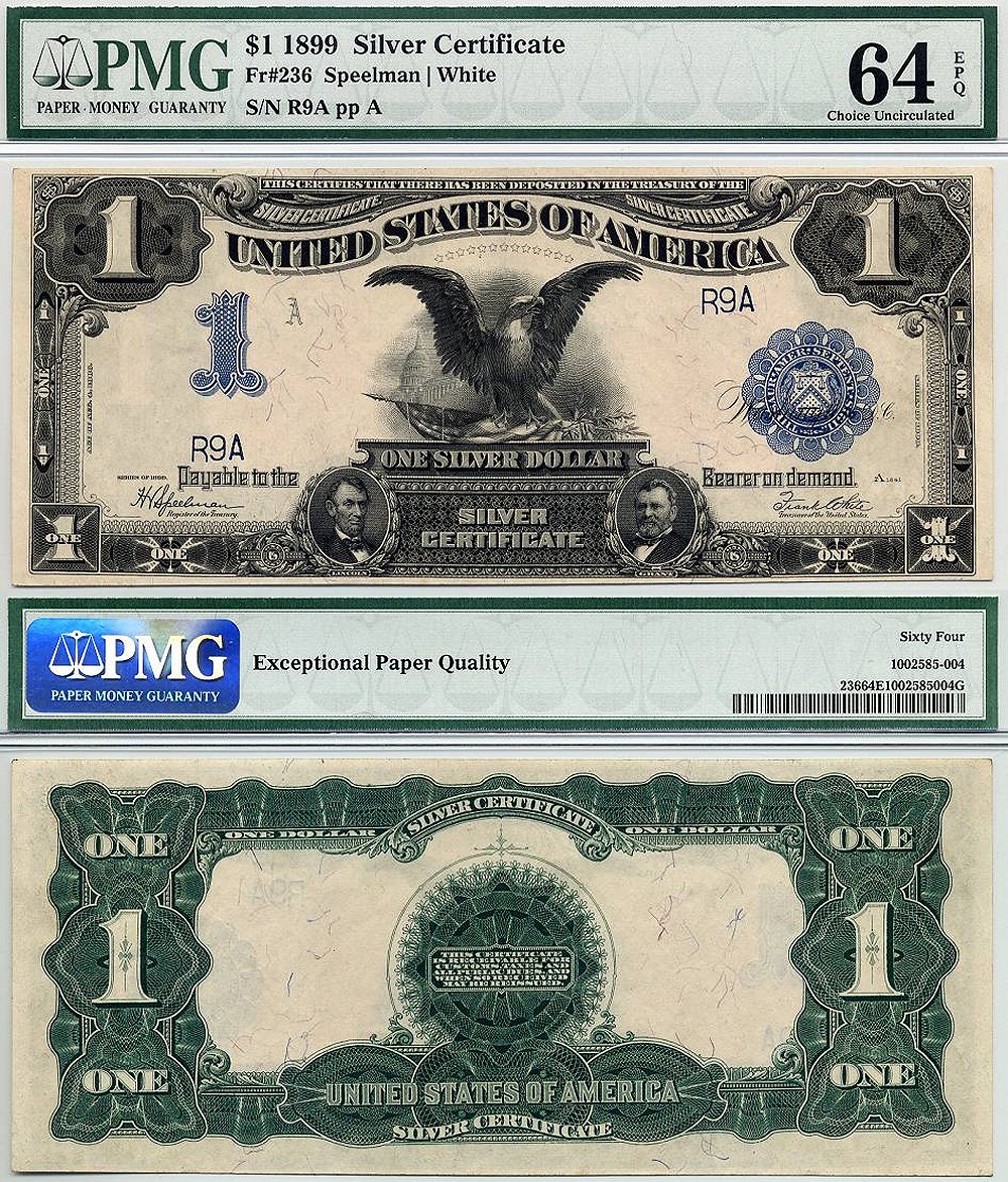 1899 $1 Silver Certificate "Black Eagle" PMG Graded CU64EPQ S/N R9A