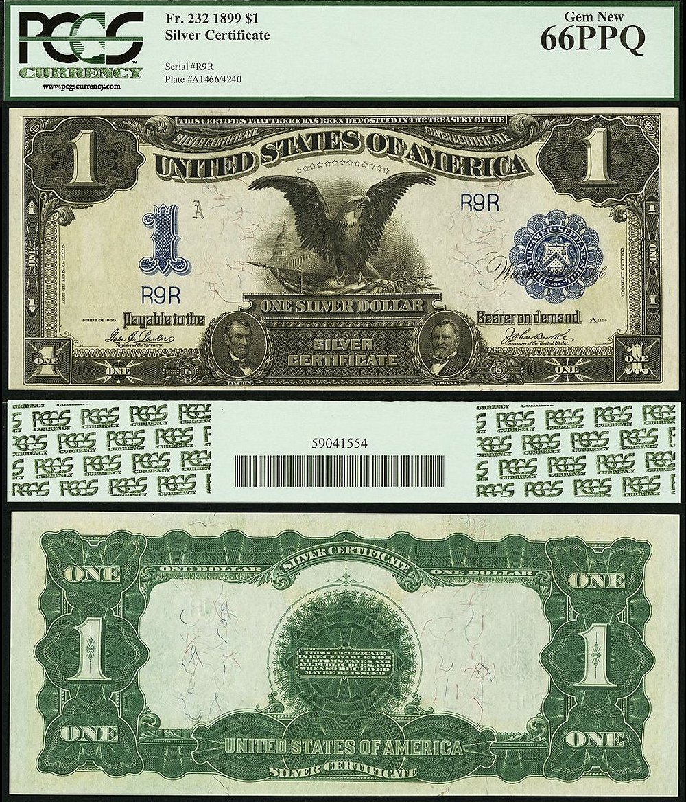 1899 $1 Silver Certificate PCGS Graded Gem New 66EPQ S/N R9R