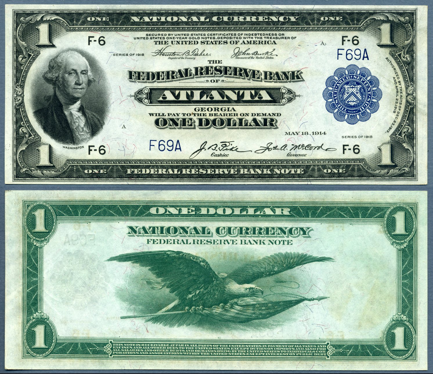 1918 $1 Federal Reserve Bank Note "Atlanta" FR-723 S/N F69A