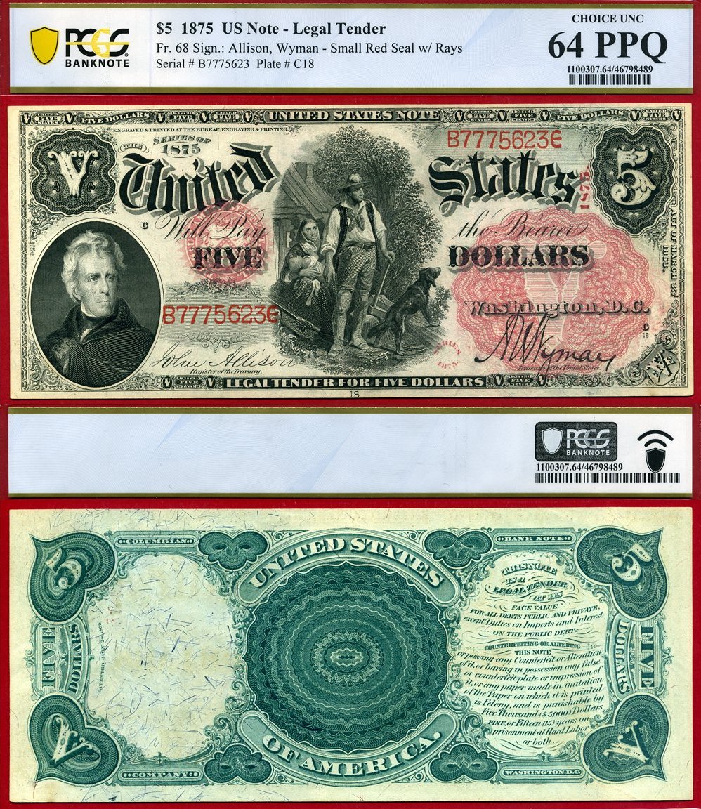 1875 $5 Legal Tender Note FR-68 PCGS BankNote Graded CU64PPQ S/N B7775623