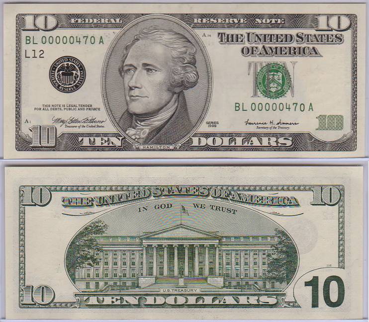 1999 $10 Federal Reserve Notes Low Numbers