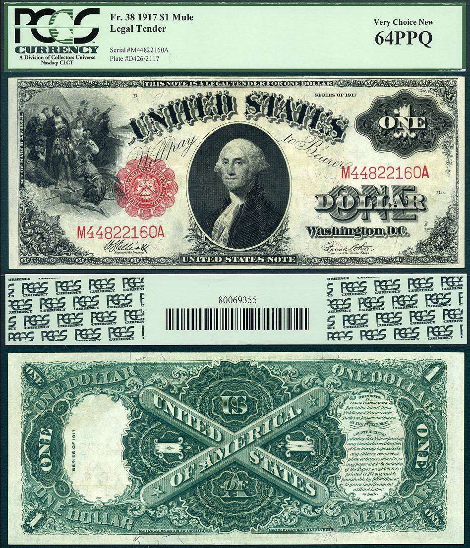 1917 $1 Legal Tender Note FR-38 PCGS Graded CU64PPQ S/N M44822160A