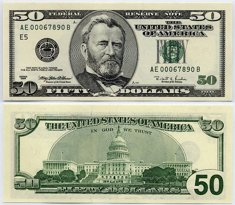 1996 $50 Federal Reserve Note Ladder S/N AE00067890B