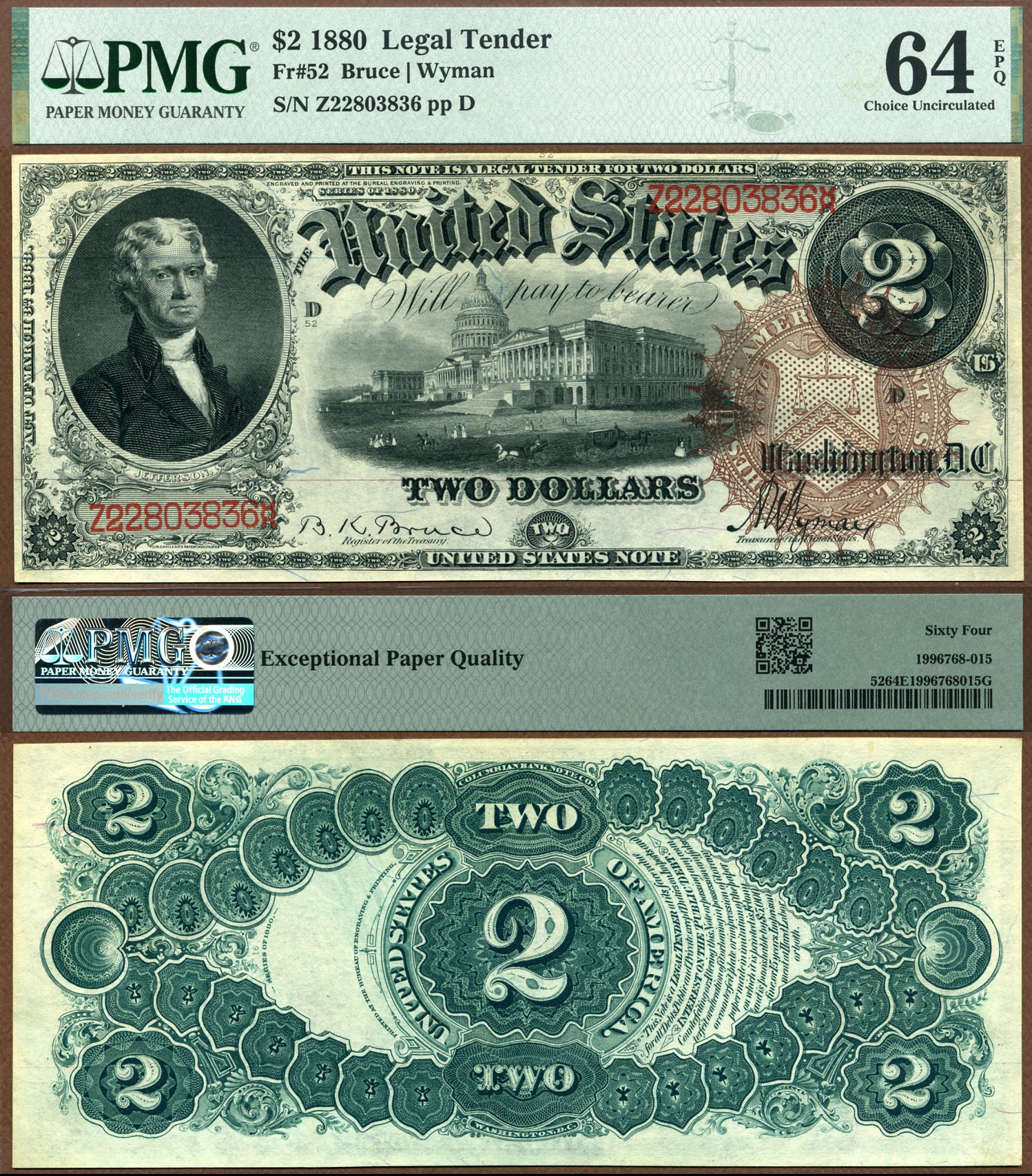 1880 $2 Legal Tender Note FR-52 PMG Graded Choice Uncirculated 64EPQ S/N Z22803836