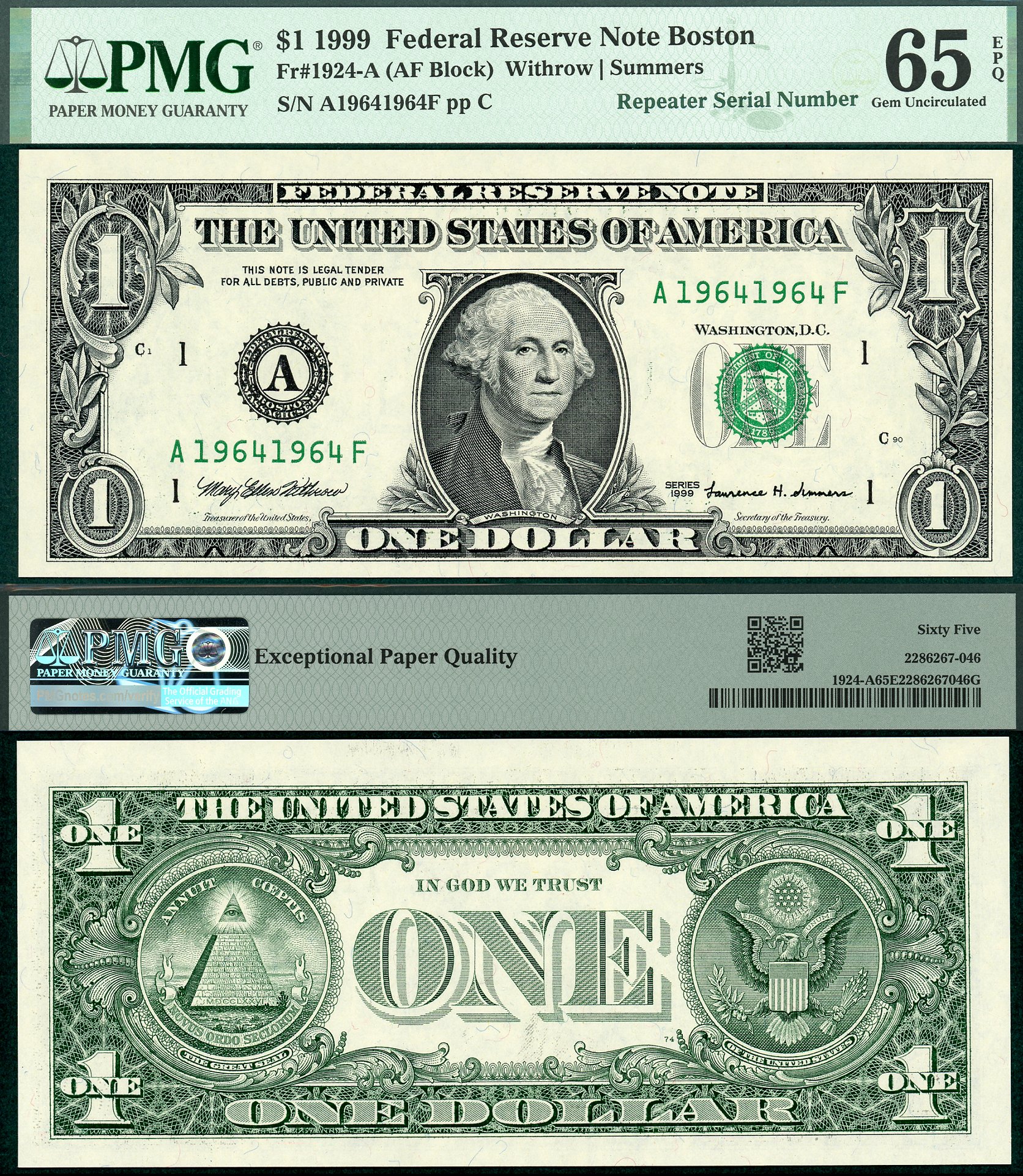 1999 $1 Federal Reserve Note FR-1924A PMG Gem 65EPQ Fancy Birthyear Repeater S/N A19641964F