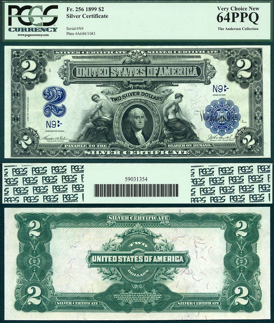 1899 $2 Silver Certificate FR-256 PCGS CU 64PPQ Low & Fancy S/N N9