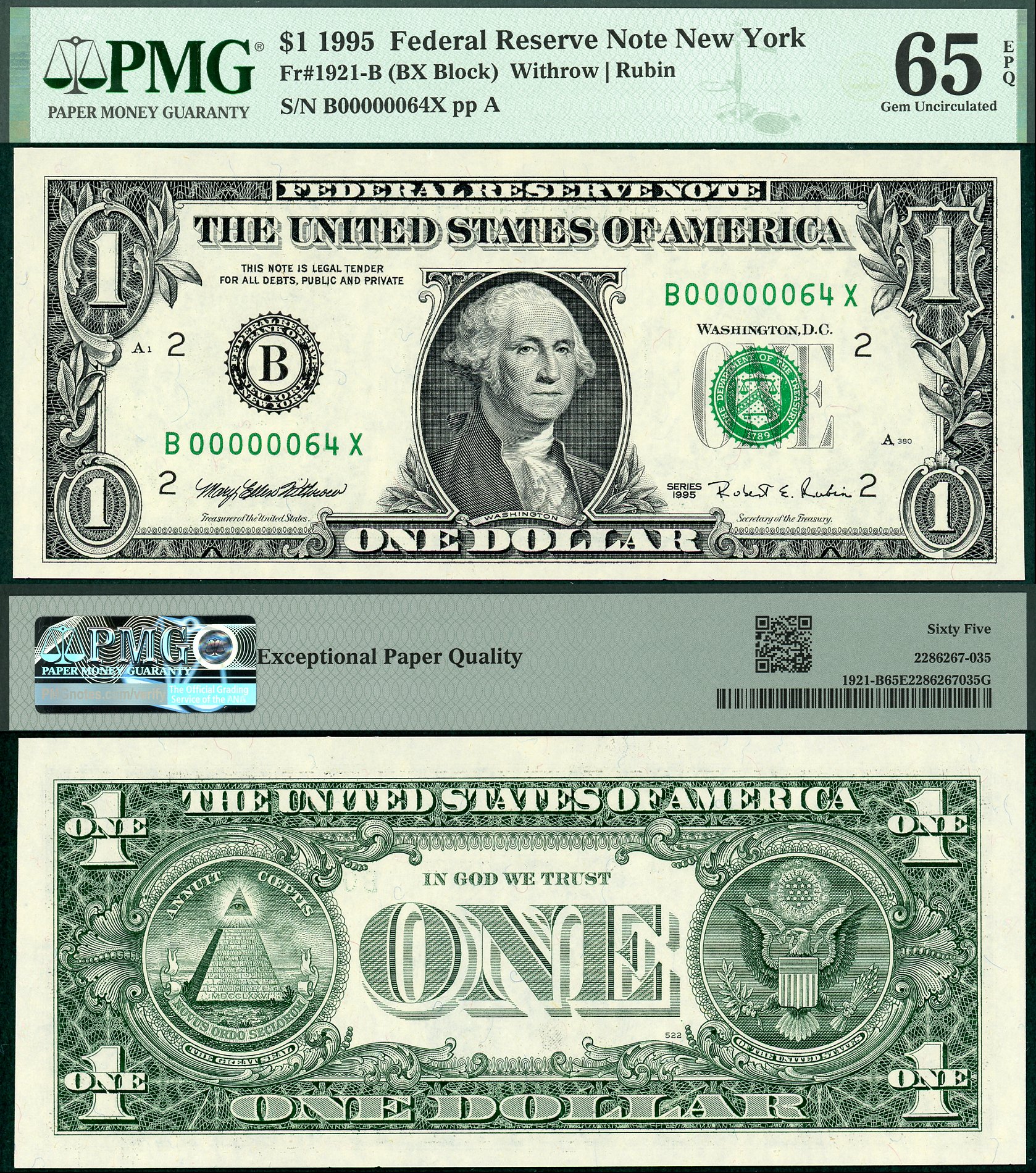 1995 $1 Federal Reserve Note FR-1921B PMG Gem 65EPQ Low Fancy Two Digit S/N B00000064X