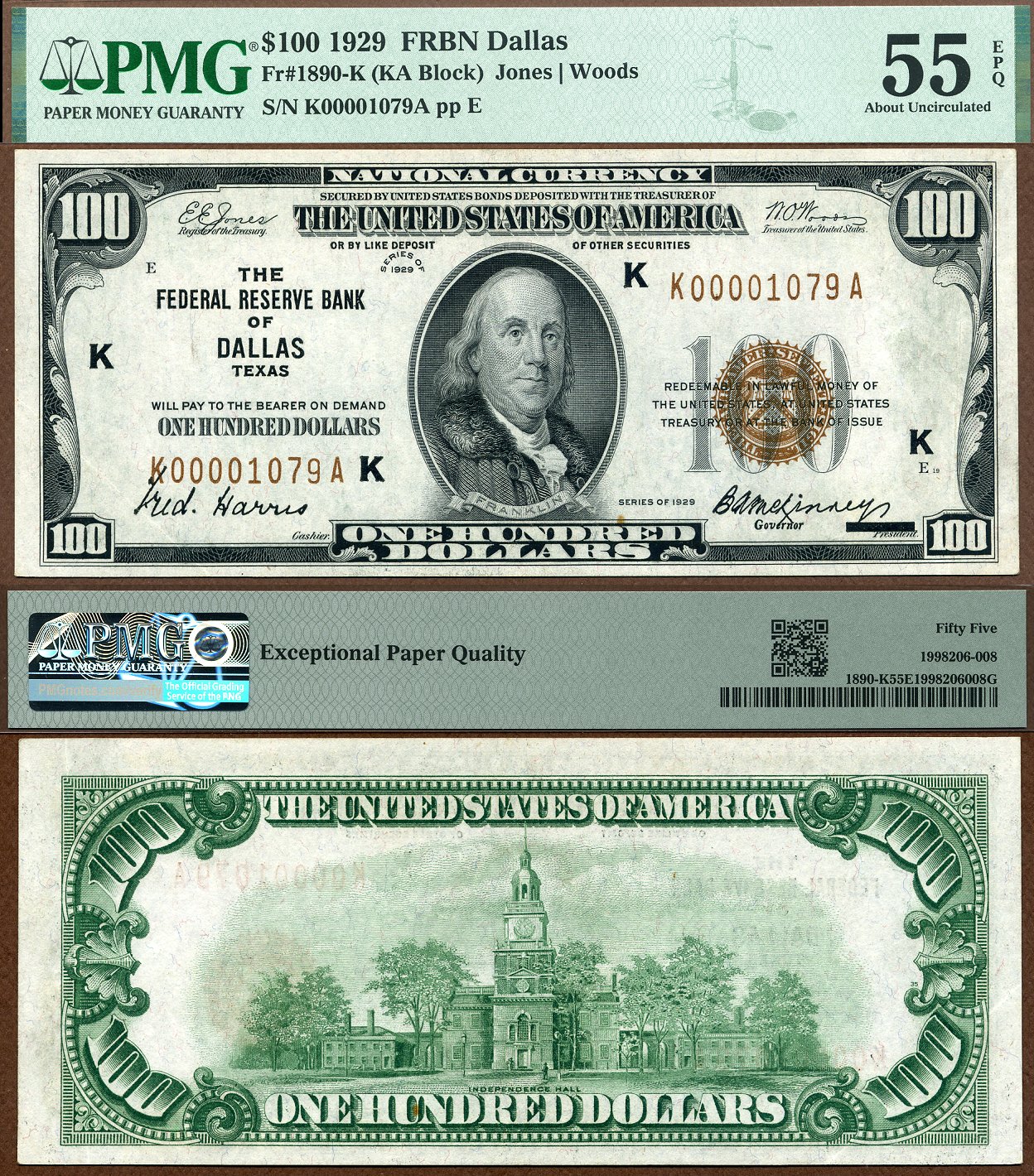 1929 $100 Federal Reserve Bank Note FR-1890-K Dallas Texas PMG Graded AU 55EPQ S/N K00001079 A