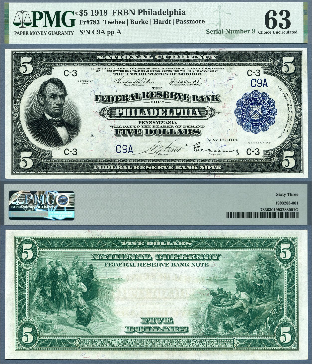 1918 $5 Federal Reserve Bank Note  PMG Graded Choice Uncirculated 63 S/N C9A