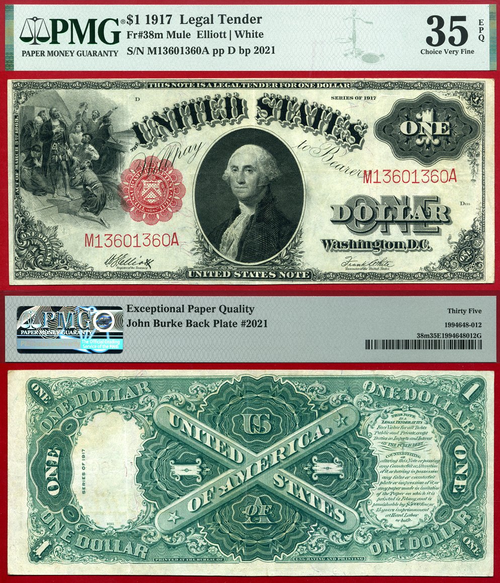 1917 $1 Legal Tender Note FR-38m PMG Graded Choice Very Fine 35EPQ S/N M13601360A